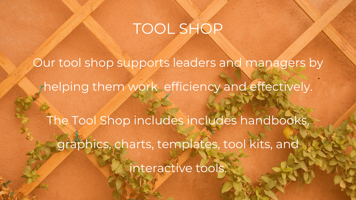 Engaged Organizations' tool shop supports leaders and managers by helping them work efficiency and effectively. The Tool Shop includes includes handbooks, graphics, charts, templates, tool kits, and interactive tools.